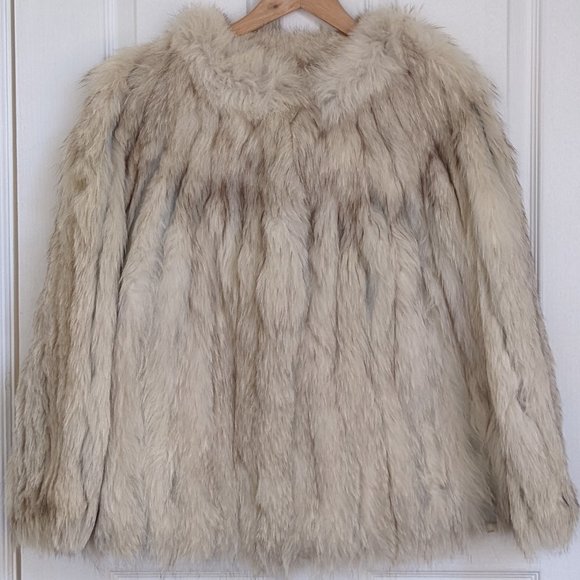 Vintage Jackets & Blazers - Vintage Cream, White & Grey Cropped Fur Jacket / Coat - Size M